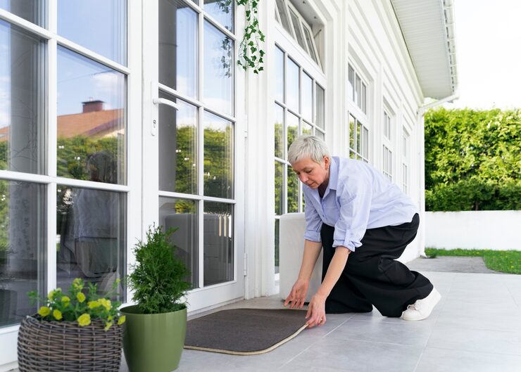A women after cleaning door near carpet